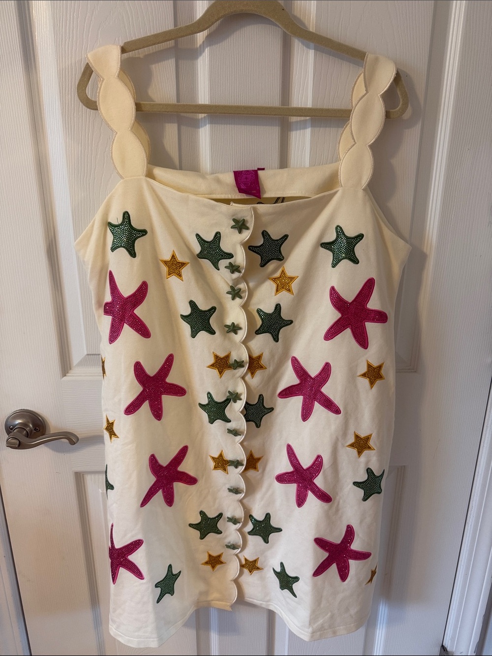 QUEEN OF SPARKLES Cream Dress with Pink, Green & Gold Starfish Appliqués